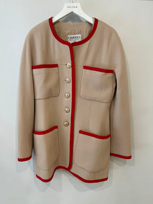 Chanel 1980's Vintage Wool Beige and Red Jacket with Gold CC Button Details Size FR 38 (UK 10)
