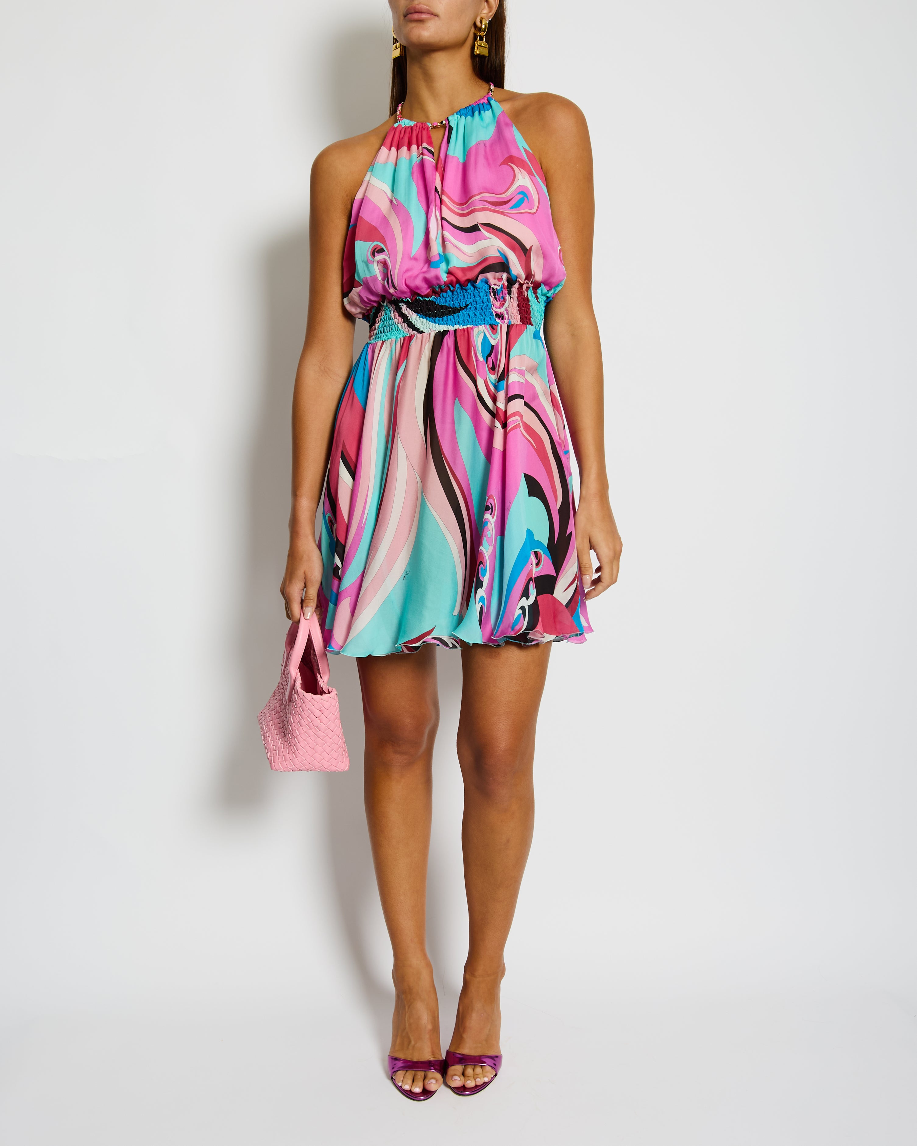 Emilio Pucci Pink Halter Neck Mini Dress with Chain Detail