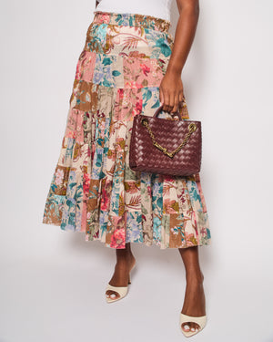 Zimmermann Brown, Pink Floral Cotton Tiered Midi Skirt Size 3 (UK 14)