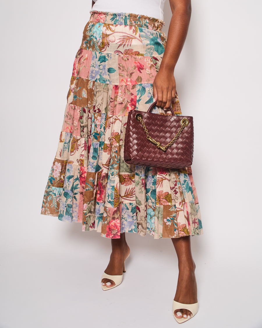 Zimmermann Brown, Pink Floral Cotton Tiered Midi Skirt Size 3 (UK 14)