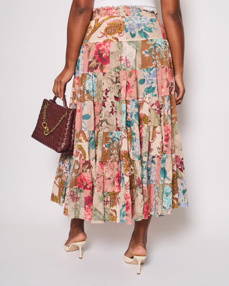 Zimmermann Brown, Pink Floral Cotton Tiered Midi Skirt Size 3 (UK 14)