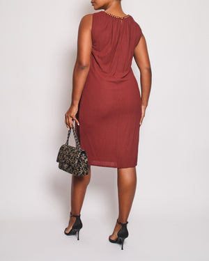 Gucci Vintage Rust Brown Sleeveless Midi Dress With Gold Beaded Neckline Detail Size Large UK 12