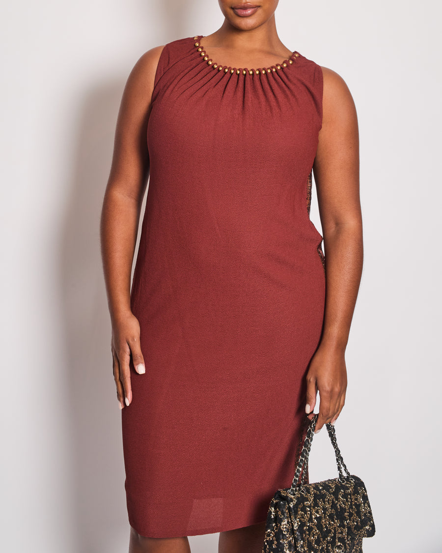 Gucci Vintage Rust Brown Sleeveless Midi Dress With Gold Beaded Neckline Detail Size Large UK 12