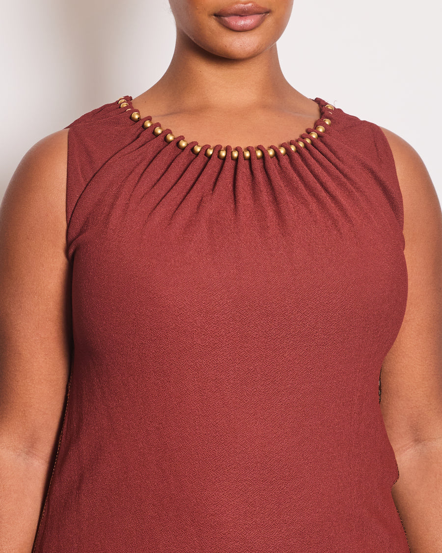 Gucci Vintage Rust Brown Sleeveless Midi Dress With Gold Beaded Neckline Detail Size Large UK 12