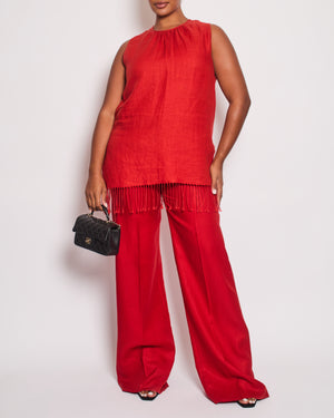 Max Mara Red Linen Sleeveless Top and Trouser Set with Fringing Size IT 48 (UK 16)