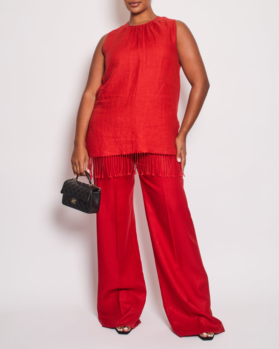 Max Mara Red Linen Sleeveless Top and Trouser Set with Fringing Size IT 48 (UK 16)