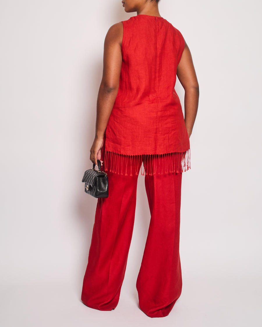 Max Mara Red Linen Sleeveless Top and Trouser Set with Fringing Size IT 48 (UK 16)