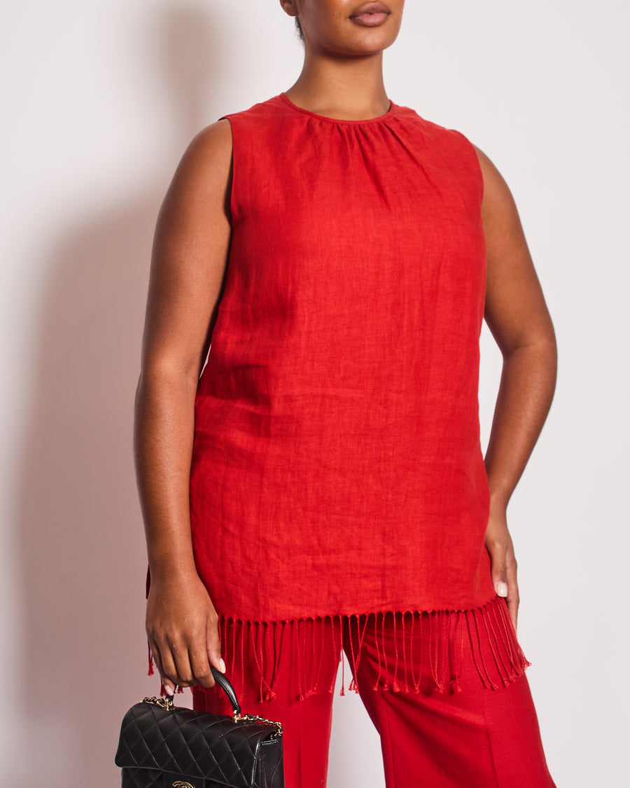 Max Mara Red Linen Sleeveless Top and Trouser Set with Fringing Size IT 48 (UK 16)