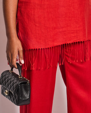 Max Mara Red Linen Sleeveless Top and Trouser Set with Fringing Size IT 48 (UK 16)