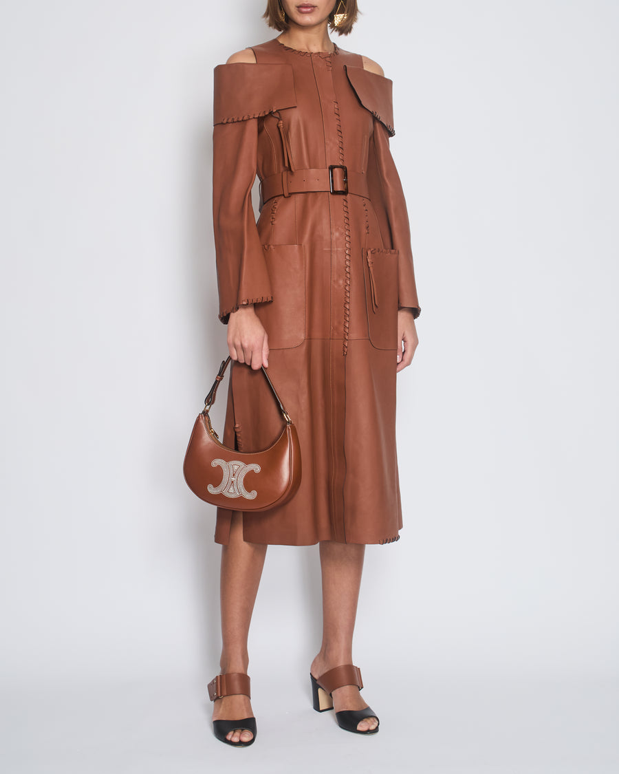 Fendi Brown Cut-Out Long Sleeve Leather Dress with Leather Stitch Detail and Belt Size IT 40 (UK 8)