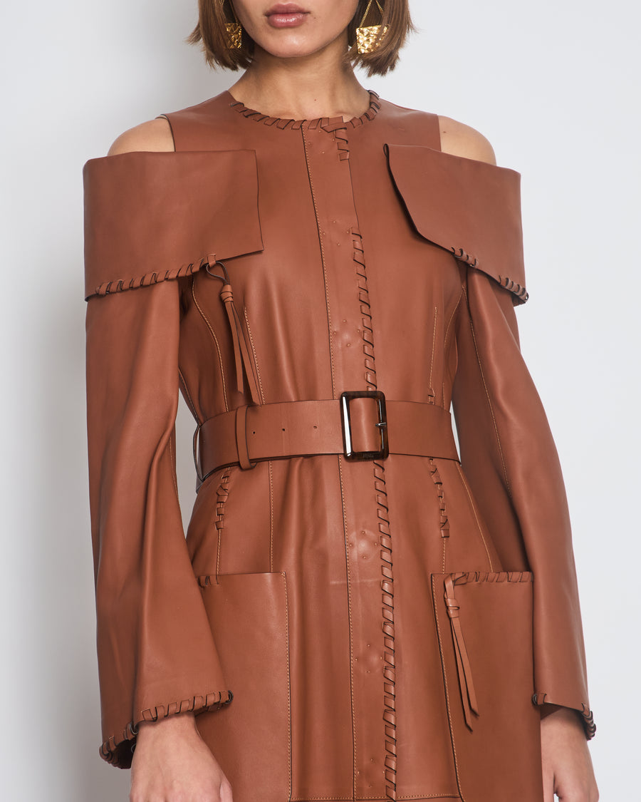 Fendi Brown Cut-Out Long Sleeve Leather Dress with Leather Stitch Detail and Belt Size IT 40 (UK 8)