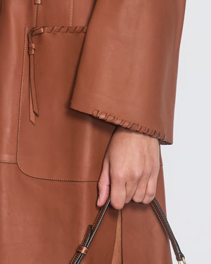 Fendi Brown Cut-Out Long Sleeve Leather Dress with Leather Stitch Detail and Belt Size IT 40 (UK 8)