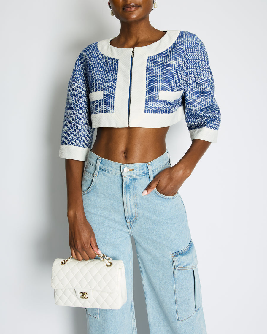 Chanel Blue and White Mid-Sleeve Cropped Jacket with Zip and Pockets Size FR 38 (UK 10)
