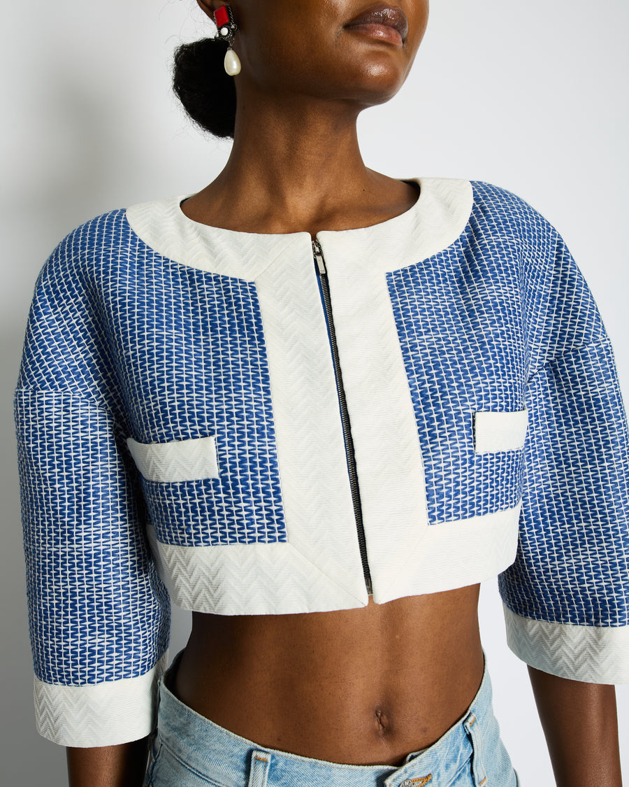 Chanel Blue and White Mid-Sleeve Cropped Jacket with Zip and Pockets Size FR 38 (UK 10)