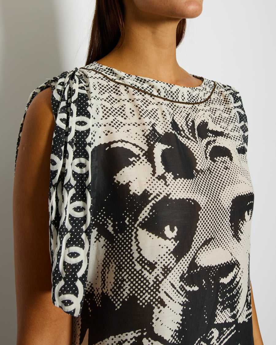 Chanel Black and White Silk Graphic-Print CC Logo Tunic Mini Dress Size FR 42 (UK 14)