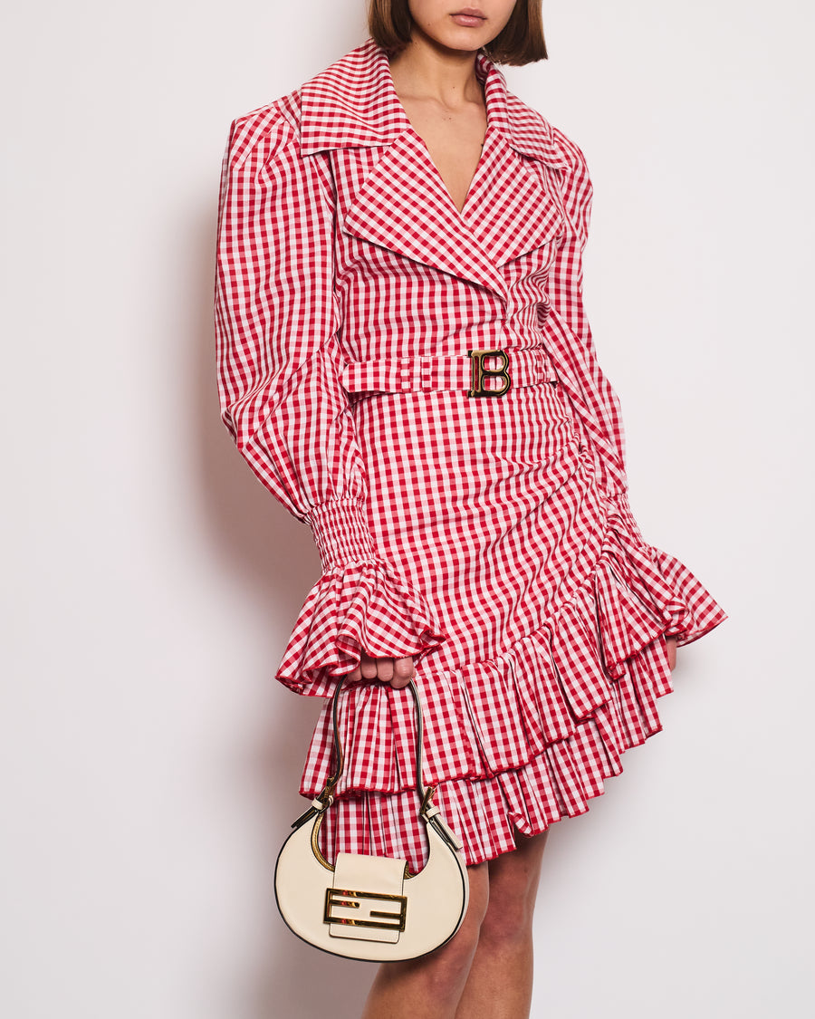 Balmain Red and White Vichy Printed Shirt and Mini Ruffle Skirt Set with Gold Logo Detail Size FR 38 (UK 10)