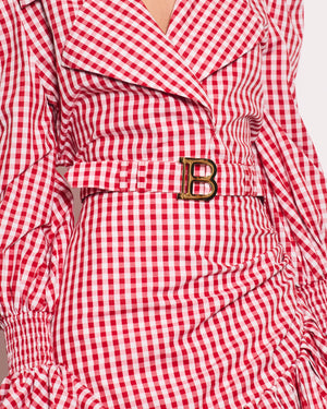 Balmain Red and White Vichy Printed Shirt and Mini Ruffle Skirt Set with Gold Logo Detail Size FR 38 (UK 10)