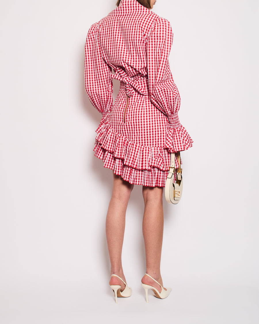 Balmain Red and White Vichy Printed Shirt and Mini Ruffle Skirt Set with Gold Logo Detail Size FR 38 (UK 10)