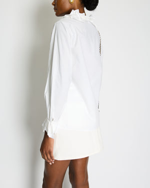 Chanel White Ruffle Shirt with Tie-Neck and Red, Blue CC Logo Button Details Size FR 34 (UK 6)