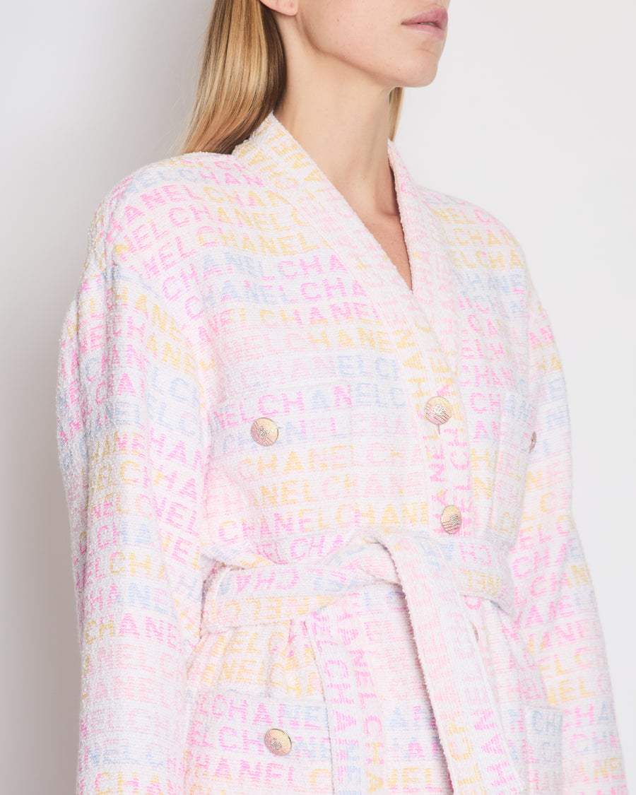 Chanel Pastel Robe Coat with Belt & Multi-Coloured Chanel Logo Details Size FR 42 (UK 14)