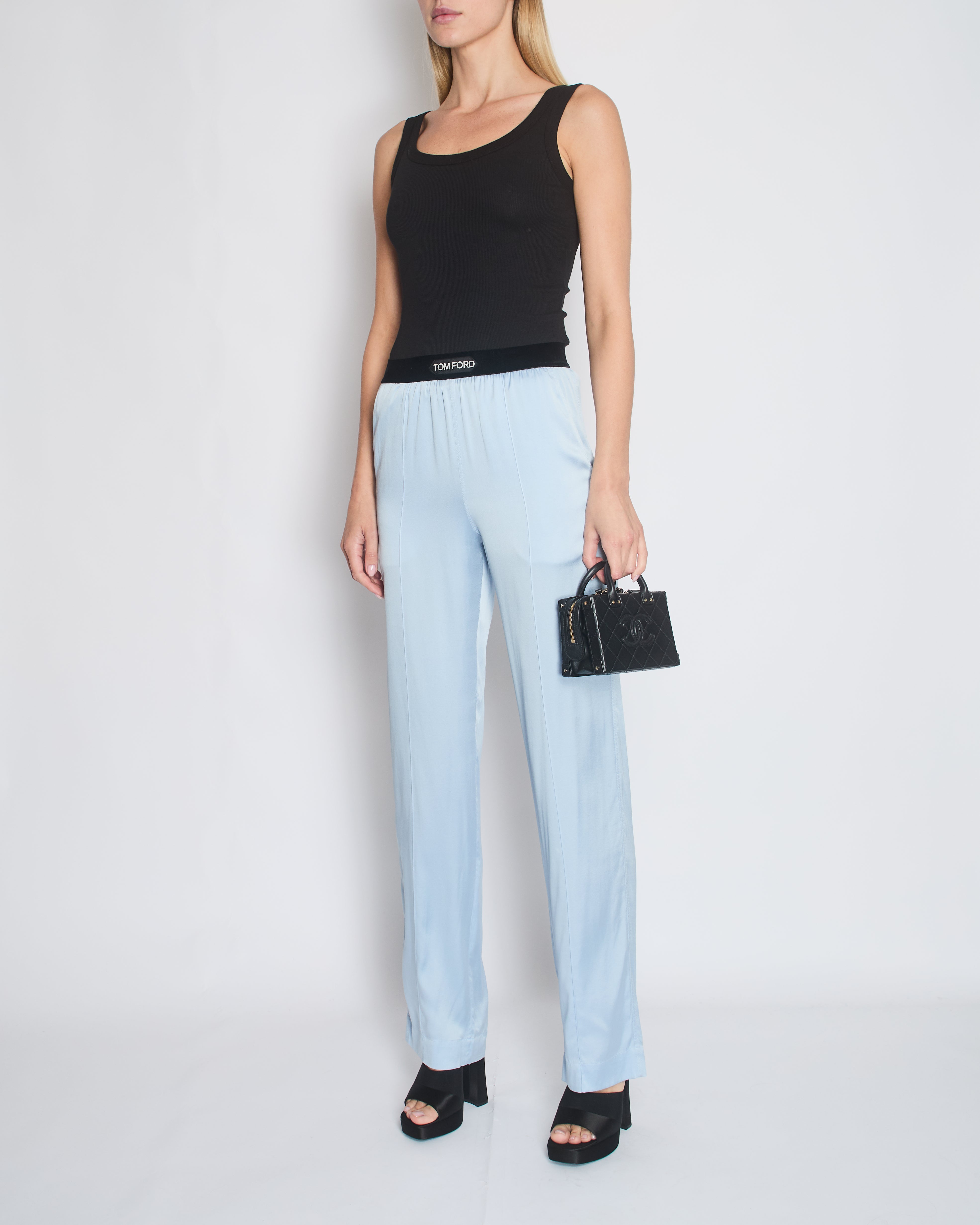 トムフォード ブルー スラックス 46 Tom Ford Blue Satin Silk Trousers with Velvet Elasticated Waist
