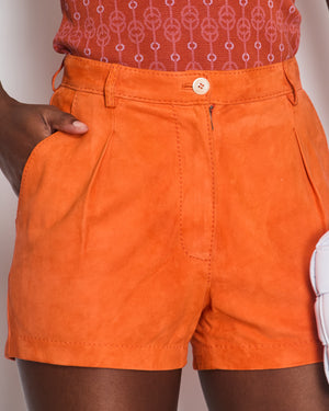 Hermès Orange Suede High Waist Shorts with Stitch Detail Size FR 38 (UK 10)