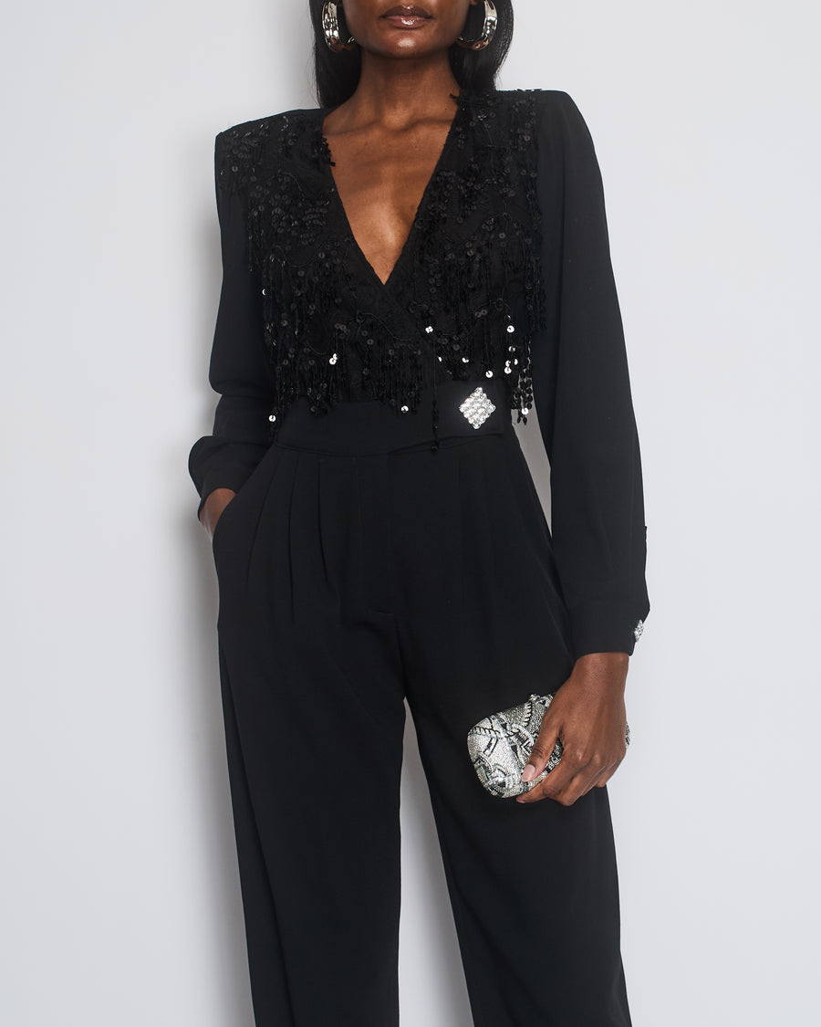 Alessandra Rich Black Long-Sleeve Jumpsuit With Shoulder Pads And Lace & Sequin Floral Details Size FR 38 (UK 10)