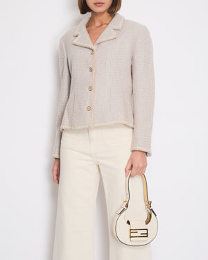 Chanel 01/A Pastel Blue, Pink and Beige Tweed Jacket with Transparent CC Logo Button Details Size FR 44 (UK 16)