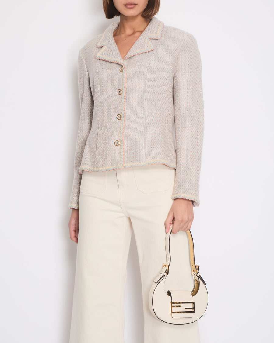 Chanel 01/A Pastel Blue, Pink and Beige Tweed Jacket with Transparent CC Logo Button Details Size FR 44 (UK 16)