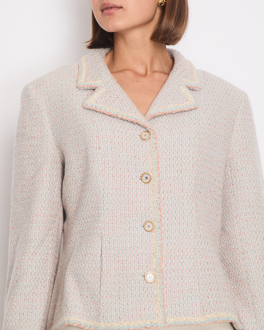Chanel 01/A Pastel Blue, Pink and Beige Tweed Jacket with Transparent CC Logo Button Details Size FR 44 (UK 16)
