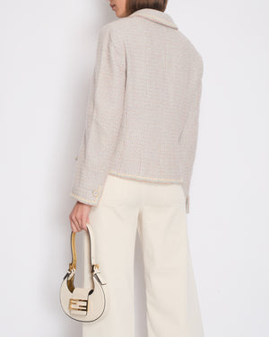 Chanel 01/A Pastel Blue, Pink and Beige Tweed Jacket with Transparent CC Logo Button Details Size FR 44 (UK 16)