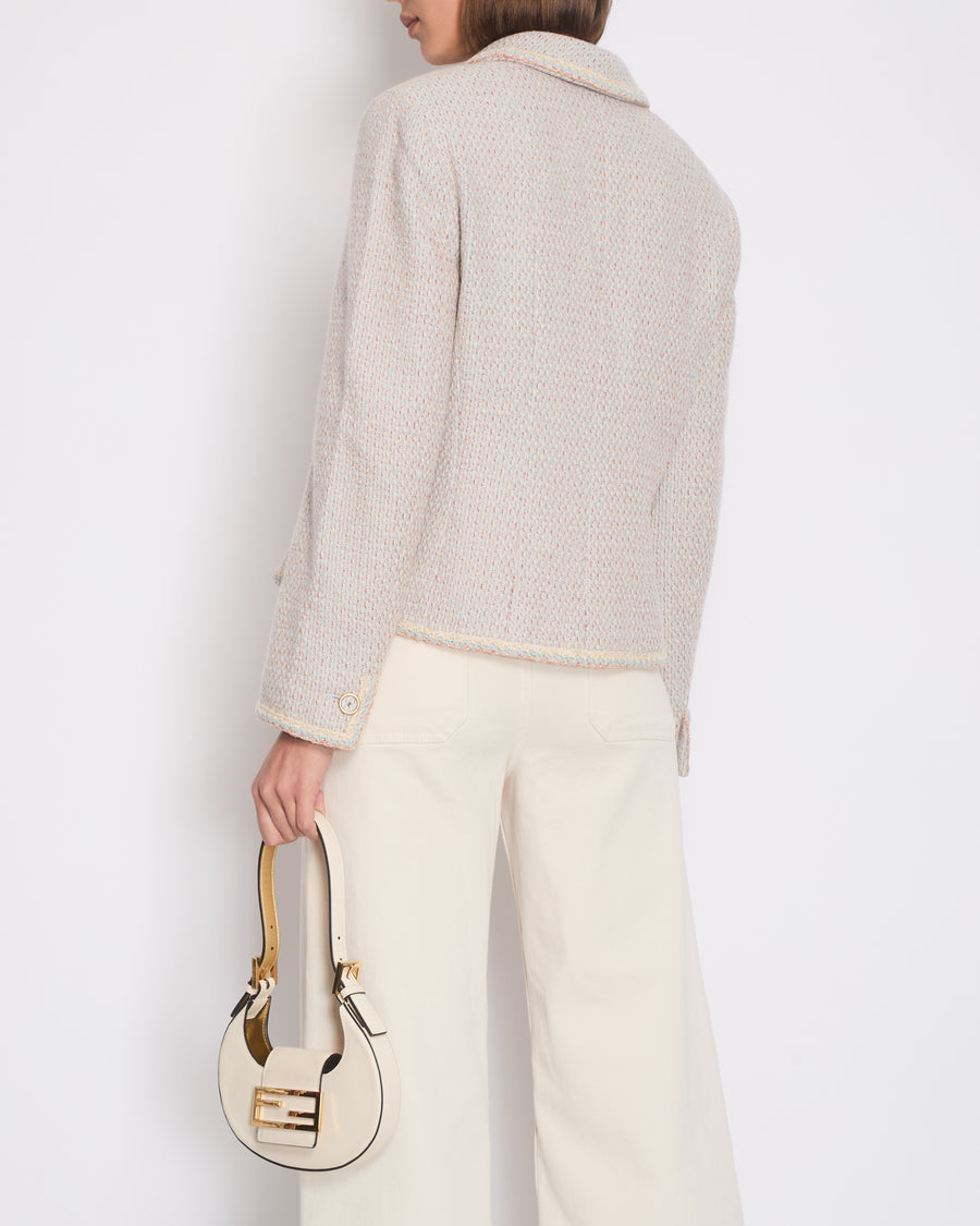 Chanel 01/A Pastel Blue, Pink and Beige Tweed Jacket with Transparent CC Logo Button Details Size FR 44 (UK 16)