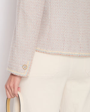 Chanel 01/A Pastel Blue, Pink and Beige Tweed Jacket with Transparent CC Logo Button Details Size FR 44 (UK 16)