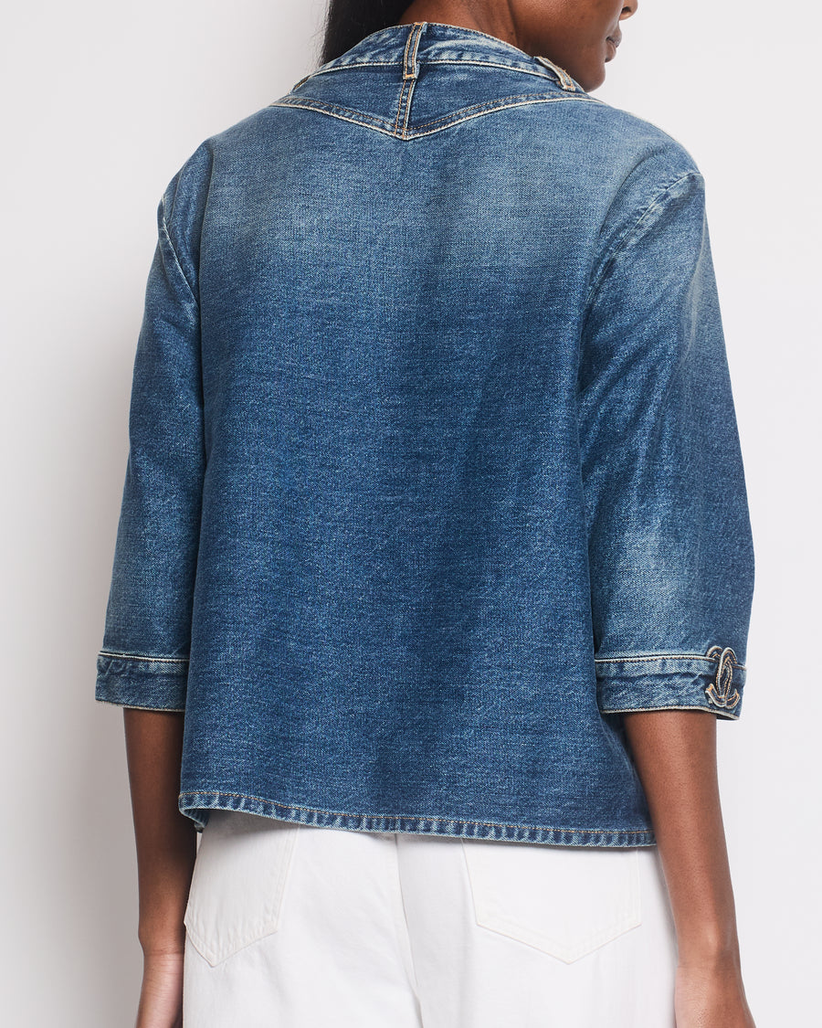 *HOT* Chanel 24S Denim Cropped Top with 3/4 Sleeves & Floral Crystal CC Buttons Detail Size FR 38 (UK 10) RRP £3,450