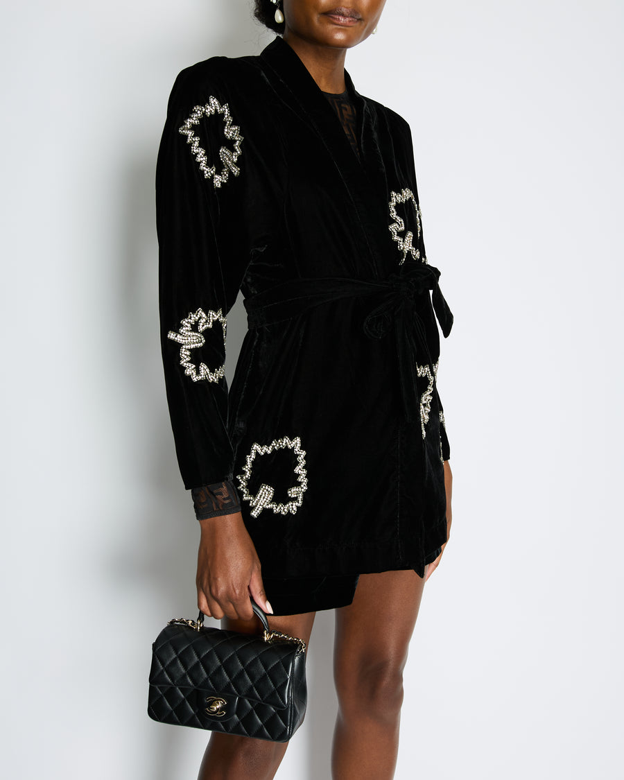 Dodo Bar Or Black Velvet Long Sleeve Jacket with Belt and Crystal Embroidery Detail Size IT 40 (UK 8)