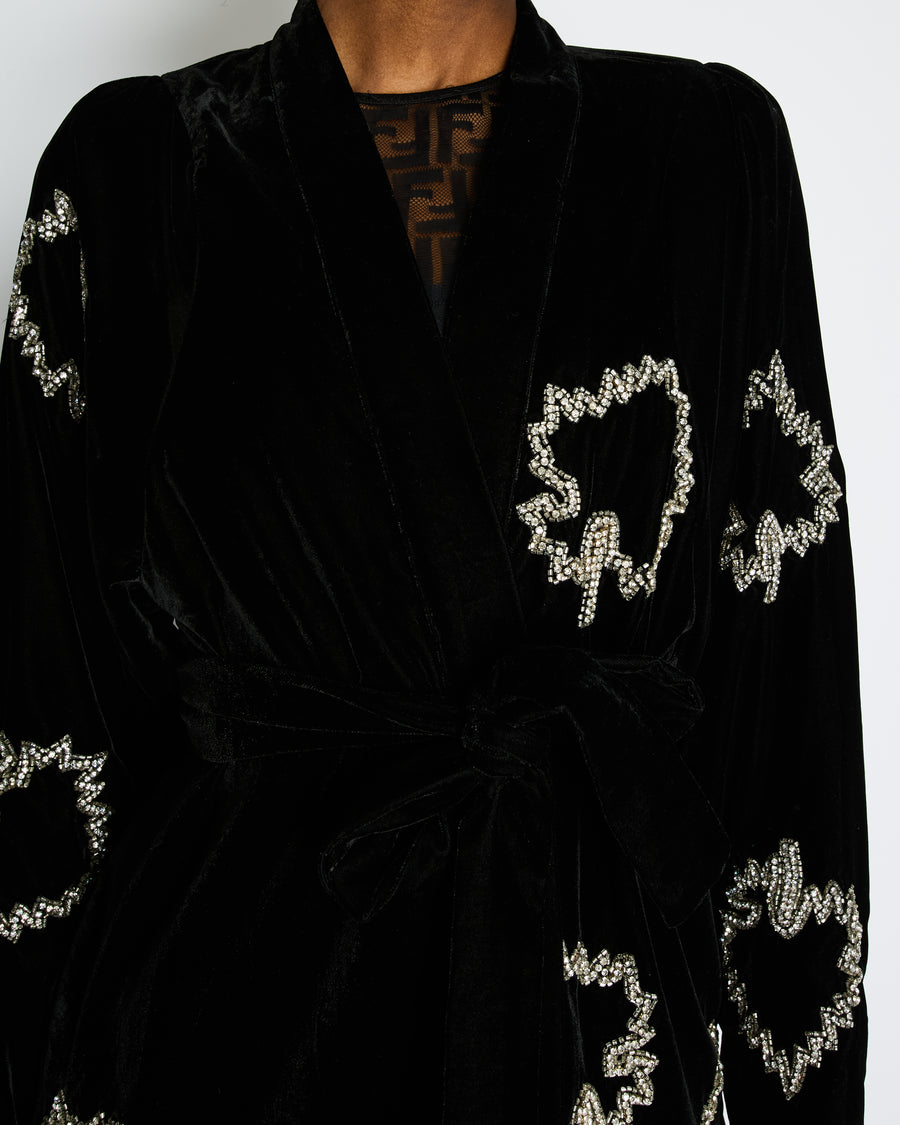 Dodo Bar Or Black Velvet Long Sleeve Jacket with Belt and Crystal Embroidery Detail Size IT 40 (UK 8)