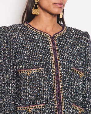 Chanel 21/A Navy Fantasy Tweed Jacket with Leather Piping and Lion Button Detail Size FR 38 (UK 10)