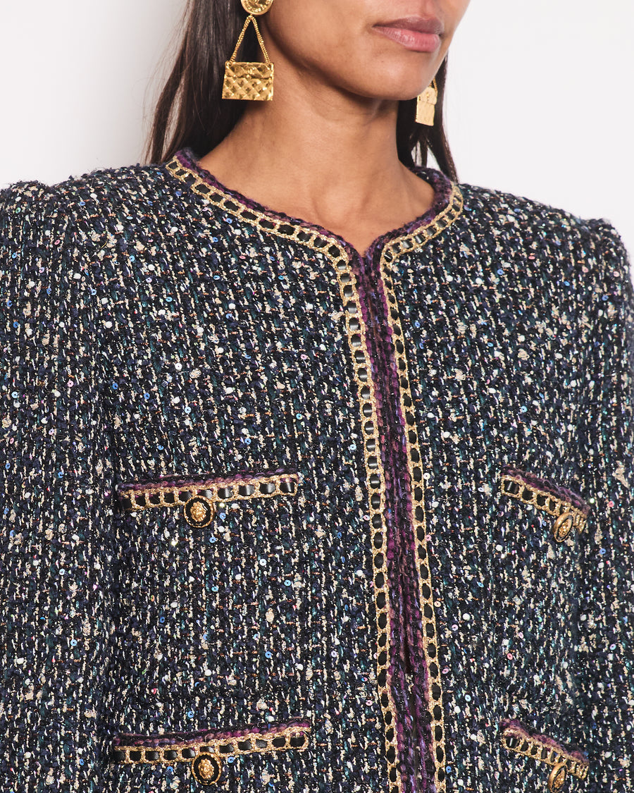 Chanel 21/A Navy Fantasy Tweed Jacket with Leather Piping and Lion Button Detail Size FR 38 (UK 10)