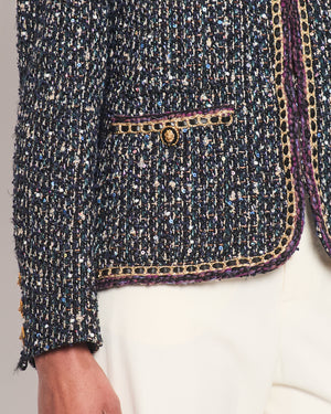 Chanel 21/A Navy Fantasy Tweed Jacket with Leather Piping and Lion Button Detail Size FR 38 (UK 10)