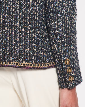 Chanel 21/A Navy Fantasy Tweed Jacket with Leather Piping and Lion Button Detail Size FR 38 (UK 10)