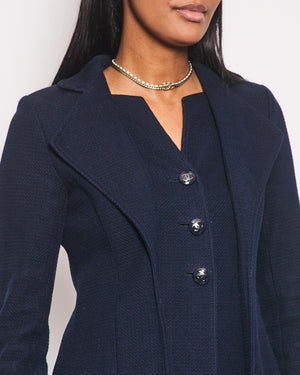 Chanel Spring 2014 Navy Tweed Long-Sleeve Double Collared Jacket with CC Buttons Size FR 34 (UK 6)