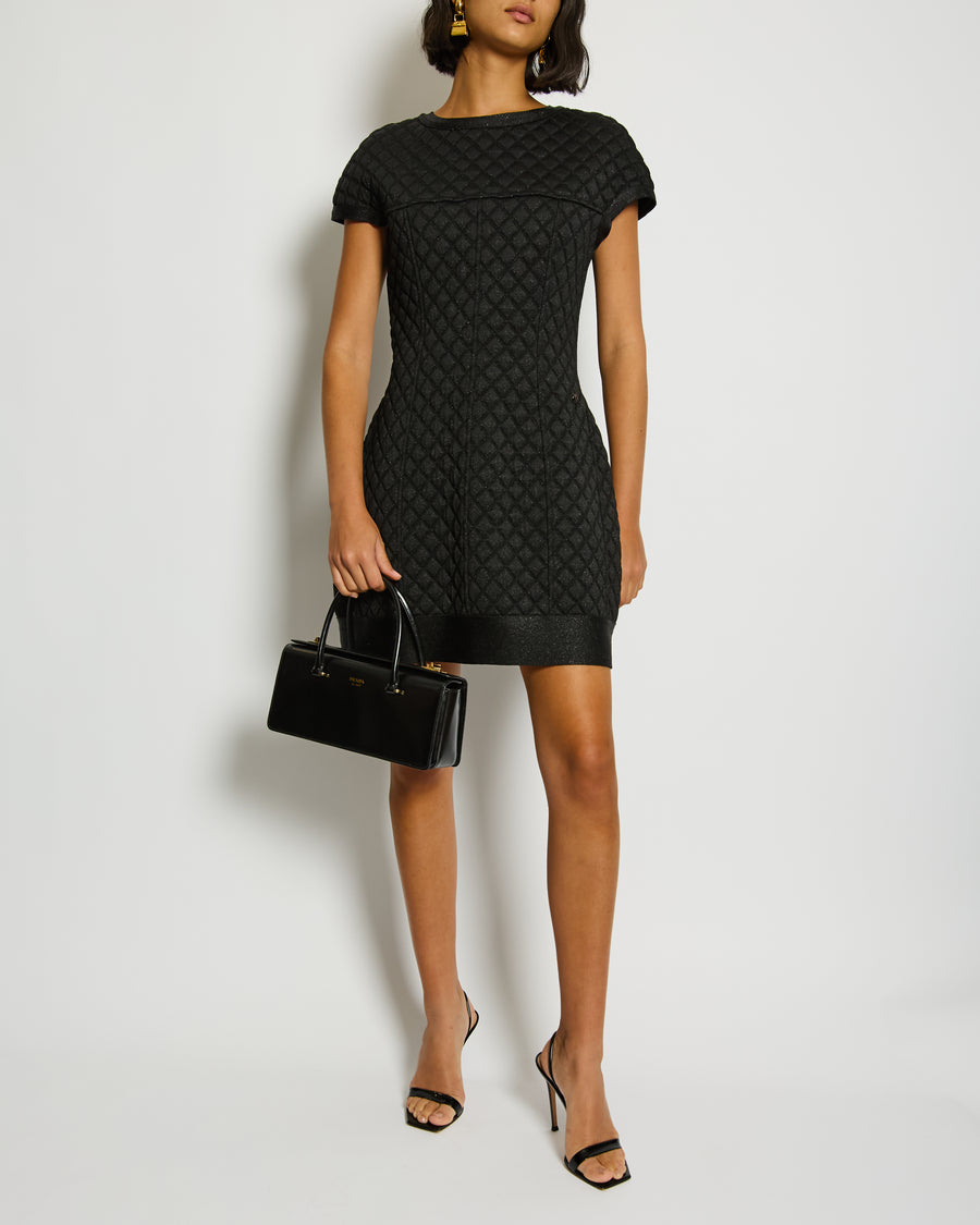 Chanel Black Padded Shimmery Short Sleeve Bodycon Mini Dress with CC Logo Detail Size FR 40 (UK 12)