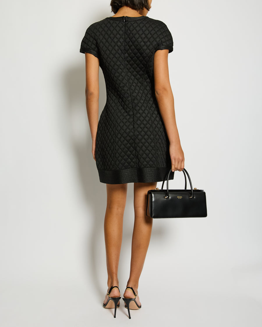 Chanel Black Padded Shimmery Short Sleeve Bodycon Mini Dress with CC Logo Detail Size FR 40 (UK 12)