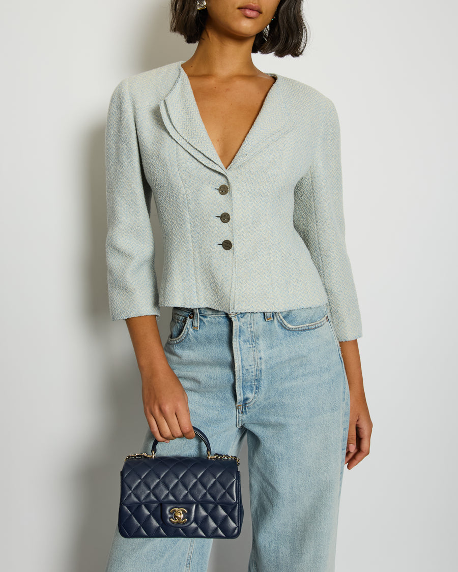 Chanel 00C Baby Blue Tweed Jacket with Silver Logo Button Details Size FR 38 (UK 10)