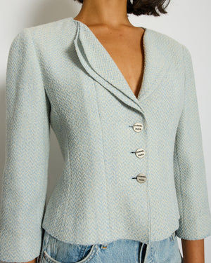 Chanel 00C Baby Blue Tweed Jacket with Silver Logo Button Details Size FR 38 (UK 10)