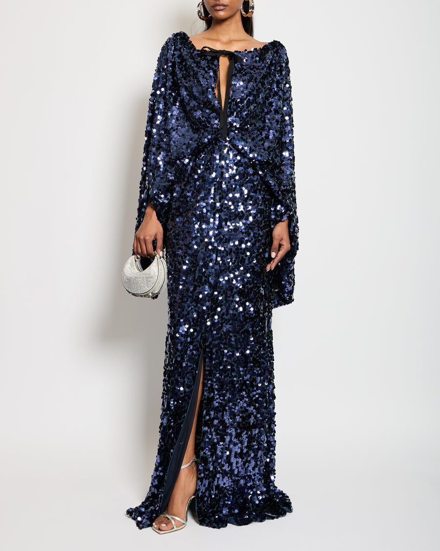 Roland Mouret Navy Blue Sequin Gown Long Dress with Cape Sleeves Detail Size UK 8
