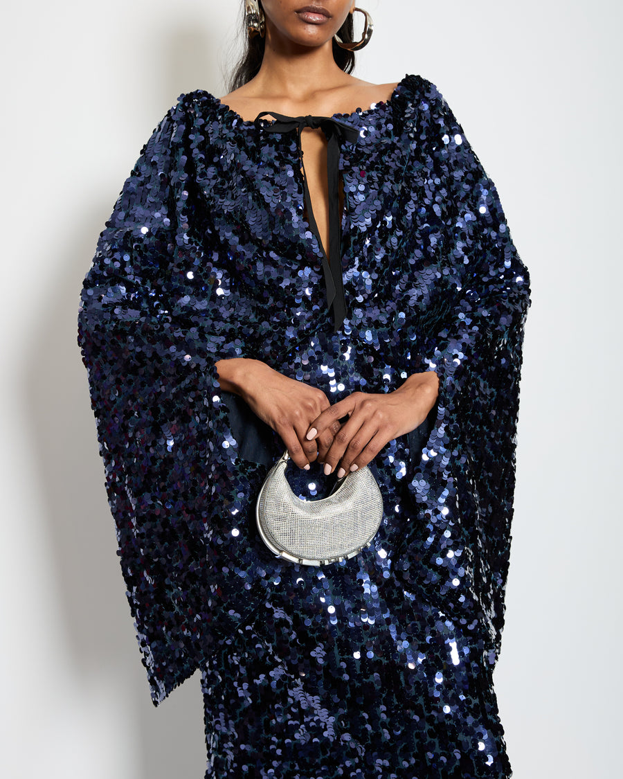 Roland Mouret Navy Blue Sequin Gown Long Dress with Cape Sleeves Detail Size UK 8