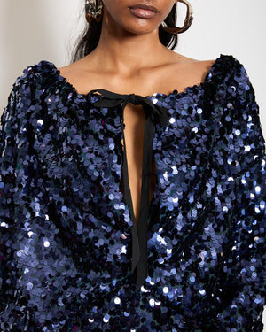 Roland Mouret Navy Blue Sequin Gown Long Dress with Cape Sleeves Detail Size UK 8