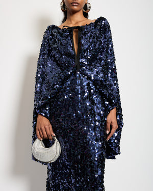 Roland Mouret Navy Blue Sequin Gown Long Dress with Cape Sleeves Detail Size UK 8
