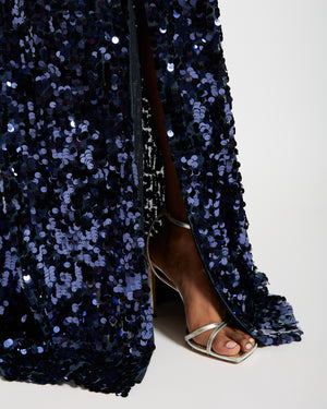 Roland Mouret Navy Blue Sequin Gown Long Dress with Cape Sleeves Detail Size UK 8